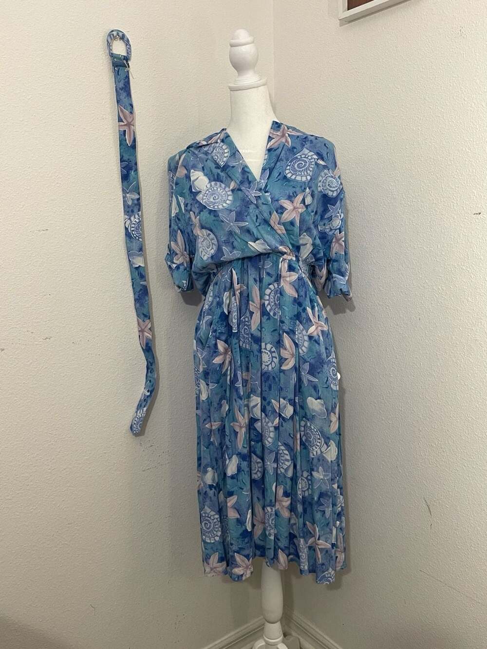 VTG Leslie Fay Petite Collections Vintage 80s Blue Midi Dress with Belt